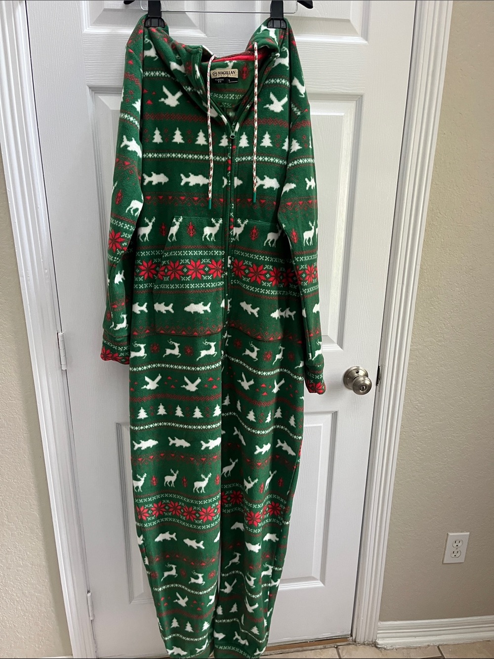 Magellan Outdoors Green and Red Reindeer Hooded Kids Pajama Onesie